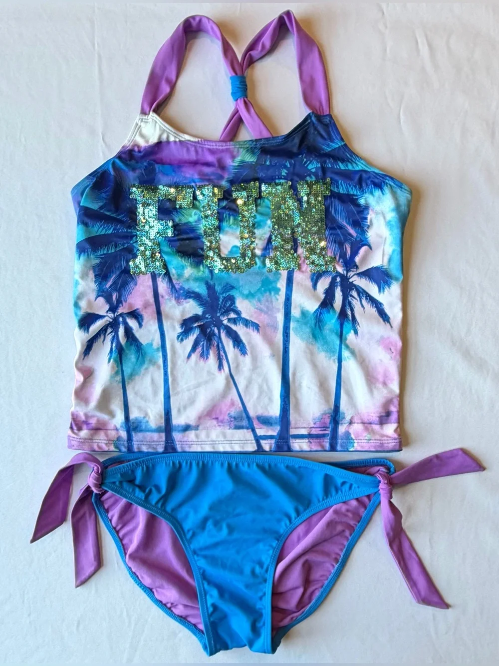 Justice Girls Swimsuit 2 Piece Blue Purple Palm Trees FUN Sequin Tankini Size 18
